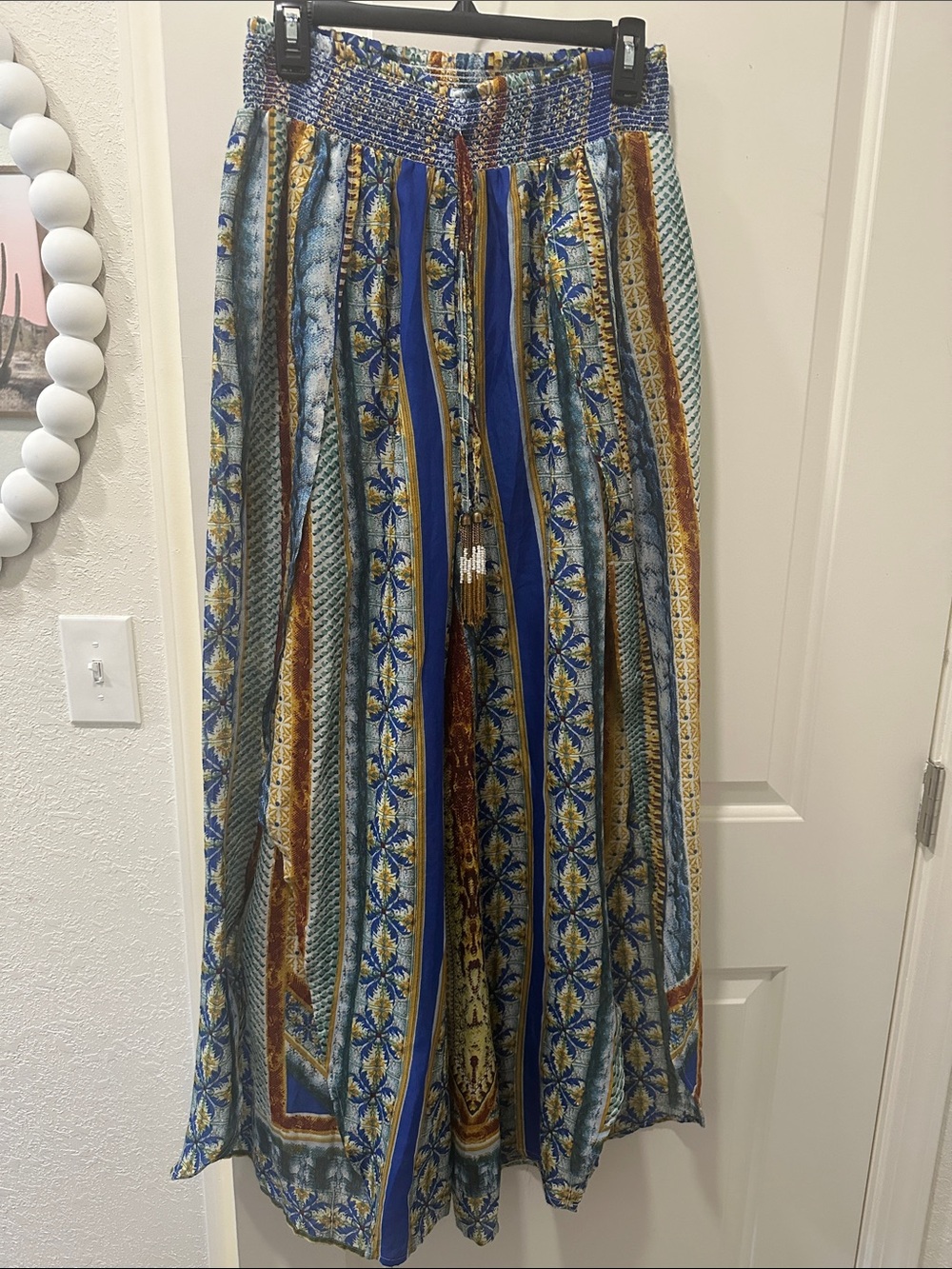 Violet Sky Striped Floral Wide-Leg Slitted Pants - Blue Multi